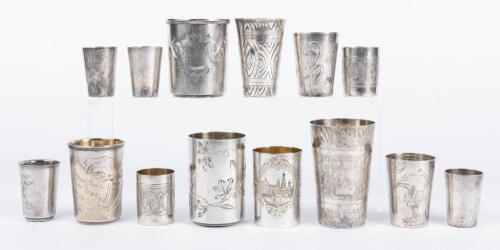 Fourteen (14) 19th/20th Century 800 Silver Vodka Cups One Especially Fine with an Outstanding Engraving of Moscow and St. Basil'