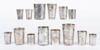 Fourteen (14) 19th/20th Century 800 Silver Vodka Cups One Especially Fine with an Outstanding Engraving of Moscow and St. Basil'