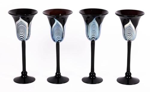 Steven Correia Glass. Silver and Deep Black Coffee, Pulled Feather Wine Goblets 10" Tall. Scarce Set of Four in Perfect Conditio