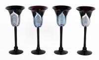 Steven Correia Glass. Silver and Deep Black Coffee, Pulled Feather Wine Goblets 10" Tall. Scarce Set of Four in Perfect Conditio