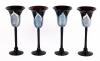 Steven Correia Glass. Silver and Deep Black Coffee, Pulled Feather Wine Goblets 10" Tall. Scarce Set of Four in Perfect Conditio