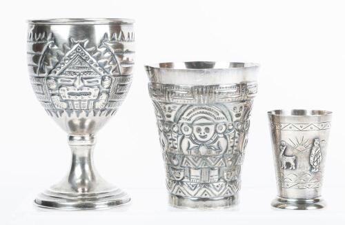 Two Sterling Silver Aztec/Mayan Themed Vessels: Stemmed Goblet and Cup and One Peruvian Shot Glass