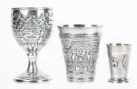 Two Sterling Silver Aztec/Mayan Themed Vessels: Stemmed Goblet and Cup and One Peruvian Shot Glass