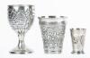 Two Sterling Silver Aztec/Mayan Themed Vessels: Stemmed Goblet and Cup and One Peruvian Shot Glass