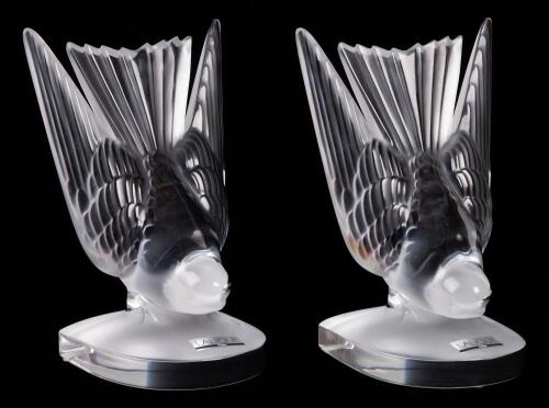 Ren&Atilde;&copy; Lalique Pair of Swallow (Hirondelles) Crystal Bookends; Mint, Never Displayed, Each with Original Stickers and Etched Lali