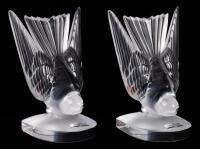 Ren&Atilde;&copy; Lalique Pair of Swallow (Hirondelles) Crystal Bookends; Mint, Never Displayed, Each with Original Stickers and Etched Lali