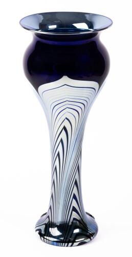 Monumental Correia Vase Signed by the Artist: Pulled Feather Art Glass in Silver and Cobalt Blue, Retired 14.75" Tall