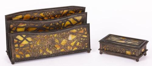 Riviere Studios Desktop Items, Bronze Overlay and Slag Glass: Letter Holder and Stamp Box
