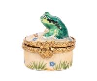 Limoges France, Charming Porcelain Pillbox Decorated with a Frog and Painted Snail.