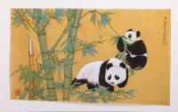 Original Seal and Calligraphy Untranslated. "Pandas" Watercolor Painting on Silk