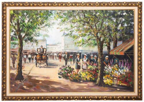 Brataki (Popular Festival Artist. "French Flower Market" (Original Oil on Canvas)
