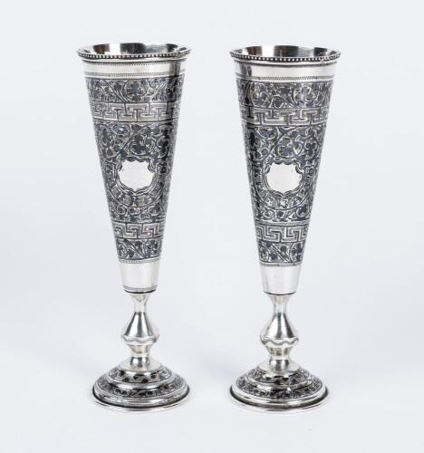 Outstanding Pair of Russian Kiddush Cups, 84 Zolotnik, Early 20th Century with Elaborately Engraved Scroll Work and Masterful En