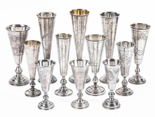 Collection of Twelve (12) Russian Kiddush Cups 84 Silver, 19th Century in Classic Trumpet Designs