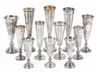 Collection of Twelve (12) Russian Kiddush Cups 84 Silver, 19th Century in Classic Trumpet Designs
