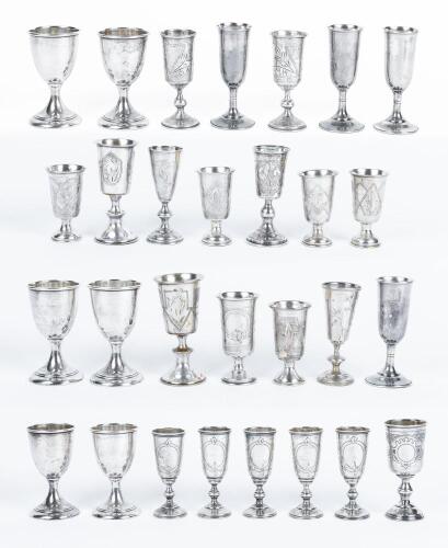 Collection of Vodka and Kiddush Cups, 19th and 20th Century in 84 or Sterling Silver. Several Matching Sets!