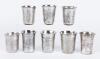 Eight (8) 19th Century 84 Zolotnik Silver Kiddush Cups Beautifully Engraved with Village Scenes or Extravagant Foliate Designs