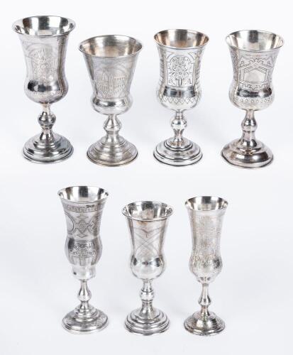 Seven (7) Russian 84 Silver Kiddush Cups All Having Wonderful Engravings with One a Particular Stand Out.