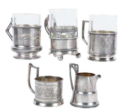 4 Russian Podstakanniks (Tea Glass Holders) All 84 Silver with Two 20th Century and Two 19th Century plus 84 Silver Creamer 20th