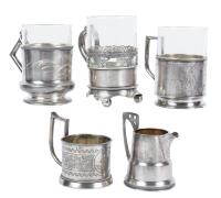 4 Russian Podstakanniks (Tea Glass Holders) All 84 Silver with Two 20th Century and Two 19th Century plus 84 Silver Creamer 20th