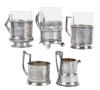 4 Russian Podstakanniks (Tea Glass Holders) All 84 Silver with Two 20th Century and Two 19th Century plus 84 Silver Creamer 20th