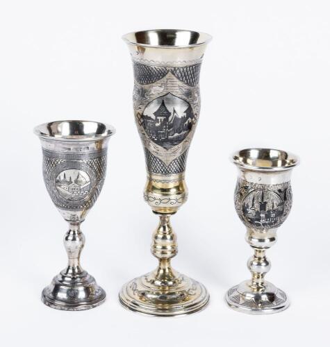 Three Beautiful Stemmed Kiddush Cups with Masterful Niello Inlays, all Three 84 Silver, 20th Century Works