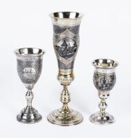 Three Beautiful Stemmed Kiddush Cups with Masterful Niello Inlays, all Three 84 Silver, 20th Century Works