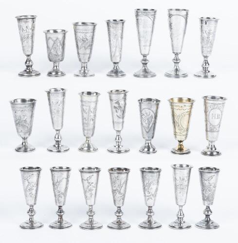 Twenty (21) Russian, Trumpet Shaped, 84 Silver Kiddush/Vodka Cups, The Bulk from the 19th Century in Overall Excellent Condition