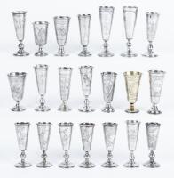 Twenty (21) Russian, Trumpet Shaped, 84 Silver Kiddush/Vodka Cups, The Bulk from the 19th Century in Overall Excellent Condition