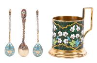 Four Beautiful Examples of Russian Cloisson&Atilde;&copy;, 3 Imperial Spoons, 1 Tea Glass Caddy