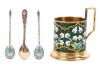 Four Beautiful Examples of Russian Cloisson&Atilde;&copy;, 3 Imperial Spoons, 1 Tea Glass Caddy