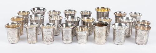 Collection of 24 Russian Kiddush/Vodka Cups a Mix of 19th and 20th Century with no Religious Symbols. Beautiful Engravings Throu