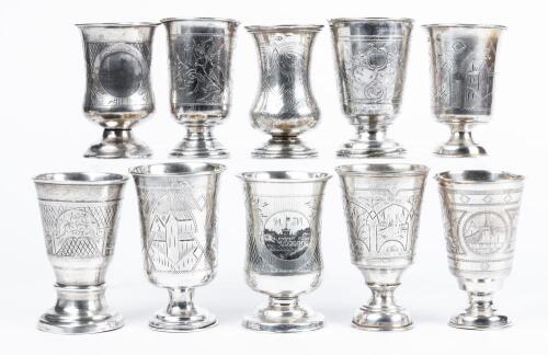 10 Late 19th Century Short Footed Imperial Russian, 84 Silver Kiddush Cups with Ornate Engravings and Niello Inlays