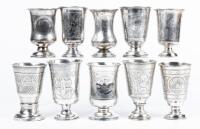 10 Late 19th Century Short Footed Imperial Russian, 84 Silver Kiddush Cups with Ornate Engravings and Niello Inlays