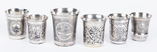 Six Large Russian Kiddush Cups, All 84 Silver Each Having Wonderful Engravings and Five with Expert Niello Inlays