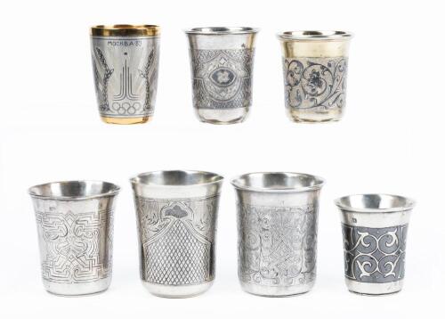 Collection of Unusual Russian Kiddush/Vodka Cups Having Interesting or Unusual Engravings and Niello Inlays