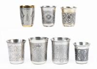 Collection of Unusual Russian Kiddush/Vodka Cups Having Interesting or Unusual Engravings and Niello Inlays