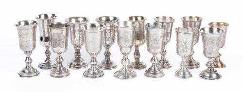 14 Stemmed Kiddush Cups, All 84 Silver, Mix of 19th and 20th Century in Overall Excellent Condition