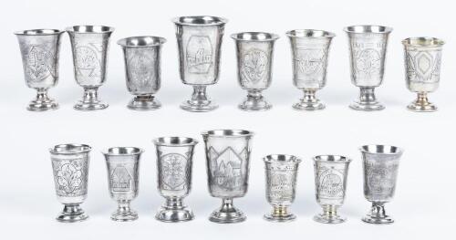 15 Short-Stemmed Kiddush Cups, 84 Silver, Almost All 19th Century and in Excellent Condition