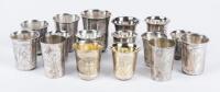 Twelve (12) Small Kiddush Cups Mix of 18th and 19th Century, 84 Silver with Two Matching Pair and Two Having Gold Gilt
