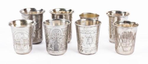 Eight (8) Medium Sized Kiddush Cups, All 84 Silver. One Especially Fine from St. Petersburg, 1888