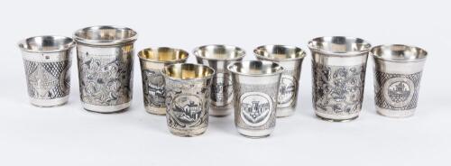 Nine (9) Russian Kiddush Cups all Having Expertly Crafted Niello Inlays. Collection includes Three (3) Pairs of Matching Cups an