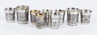 Nine (9) Russian Kiddush Cups all Having Expertly Crafted Niello Inlays. Collection includes Three (3) Pairs of Matching Cups an