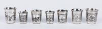 Seven Russian Kiddush/Vodka Cups, all 84 Silver with Niello Inlays and all Having Striking, Expertly Engraved Cityscapes