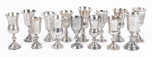14 Russian, Stemmed Kiddush Cups. Thirteen (13) are 84 Silver one Sterling. All Have Fine Engravings but Have Issues Handling Is