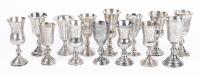14 Russian, Stemmed Kiddush Cups. Thirteen (13) are 84 Silver one Sterling. All Have Fine Engravings but Have Issues Handling Is