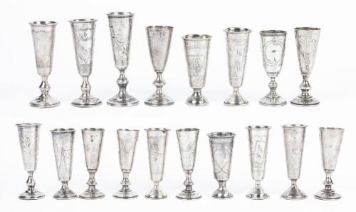 Eighteen (18) Russian, Trumpet Shaped, 84 Silver Kiddush/Vodka Cups, All Having Wonderful Engraving but Display Compressions on
