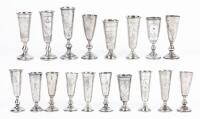 Eighteen (18) Russian, Trumpet Shaped, 84 Silver Kiddush/Vodka Cups, All Having Wonderful Engraving but Display Compressions on