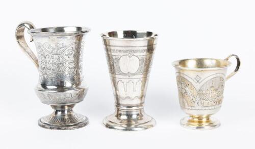 Two Antique Christening Tankards from Russia of Quality and One Unusual Beaker Style Kiddush Cup all Three 19th Century, 84 Silv