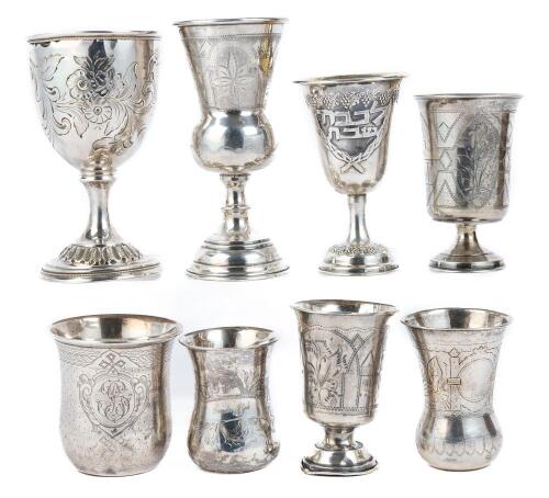 Collection of Eight (8) Kiddush Cups of Various Sizes and Shapes, All 84 Silver, Mix of 19th and 20th Century One Especially Fin