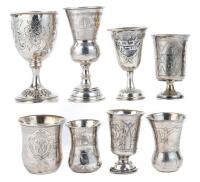 Collection of Eight (8) Kiddush Cups of Various Sizes and Shapes, All 84 Silver, Mix of 19th and 20th Century One Especially Fin